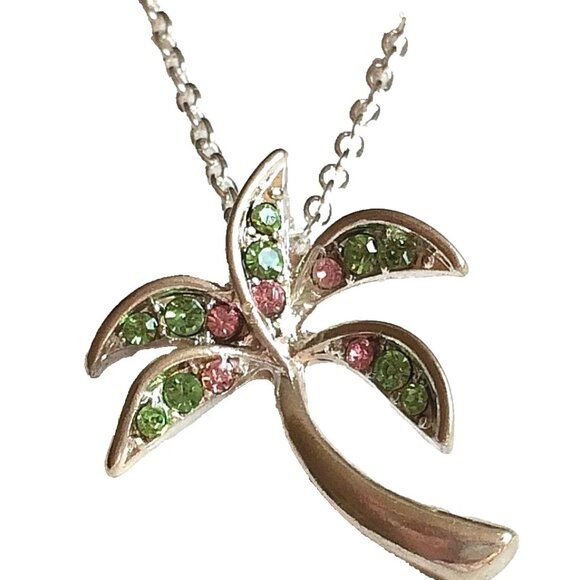 Vintage Silver Coconut Palm Tree Necklace 18" Crystal Island Plated Pendant - Picture 1 of 9